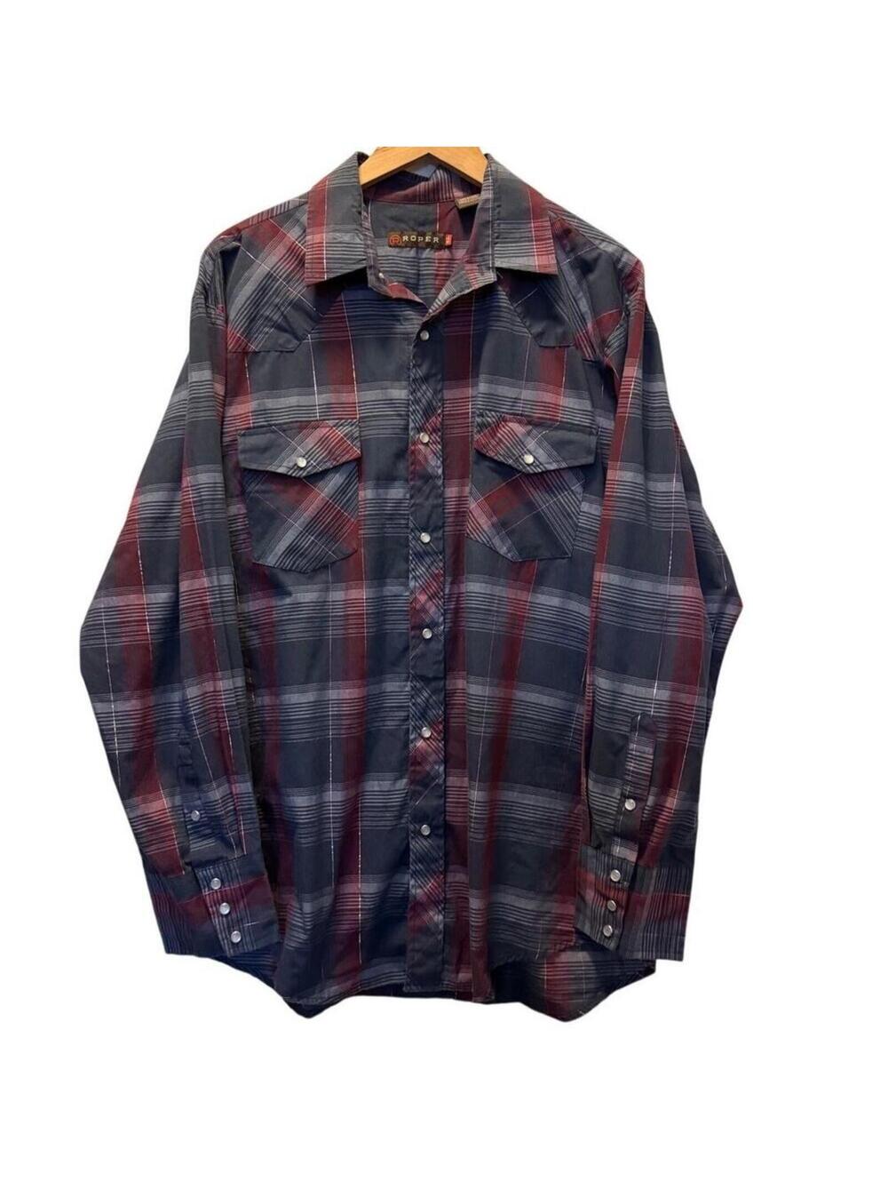 Roper Western Mens Blue Red Plaid Metallic Pearl Snap Long Sleeve Shirts Size XL